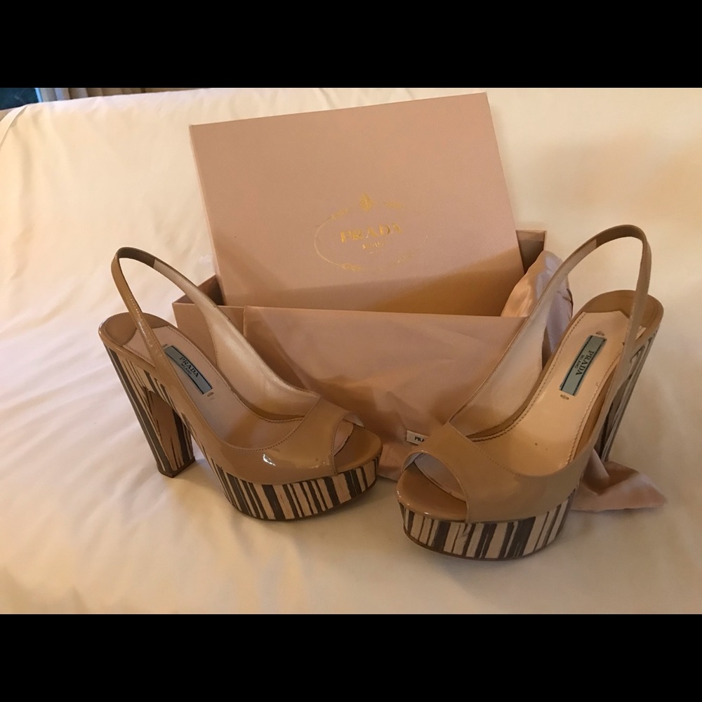 Prada patent leather sling back platform NUDE